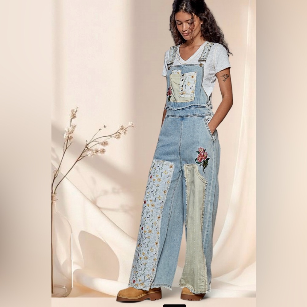 POL Floral Patchwork Denim Overalls Embroidered Bohemian Jean Jumpsuit - Picture 8 of 9